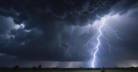 Blue lightning striking in sky during thunderstorm, awe-inspiring, shock, frightening