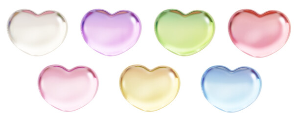 Heart shape colorful pastel set. 3D cute cartoon glossy glass balloon icon in red, pink, yellow, blue, green, purple and white
