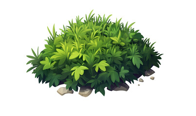 Lush green bush, game asset, rocky ground, fantasy background
