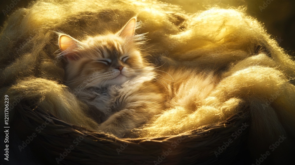 Poster a fluffy, chubby cat curled up in a cozy basket, surrounded by soft blankets, basking in warm sunlig