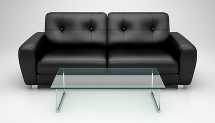 Black Leather Sofa and Glass Coffee Table Set