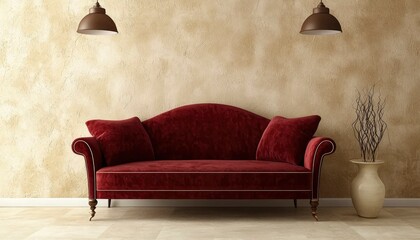Obraz premium Red Velvet Sofa Against Textured Beige Wall