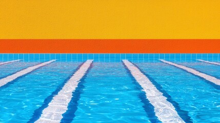A refreshing view of a clean, blue indoor swimming pool with bright orange walls and crisp white lane lines, ready for athletic co
