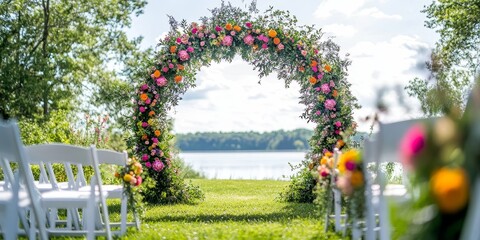 Vibrant floral archway at lakeside wedding ceremony.