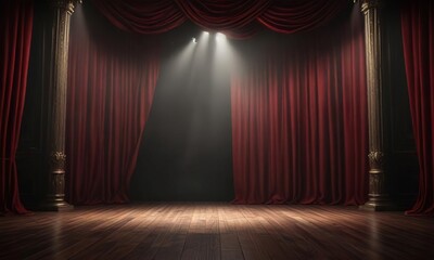 Fototapeta premium Dark theater stage with red velvet curtains and a single spotlight in the middle , classical, dramatic
