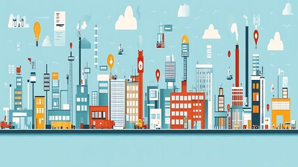 A vibrant cityscape showcasing modern industrial and commercial buildings