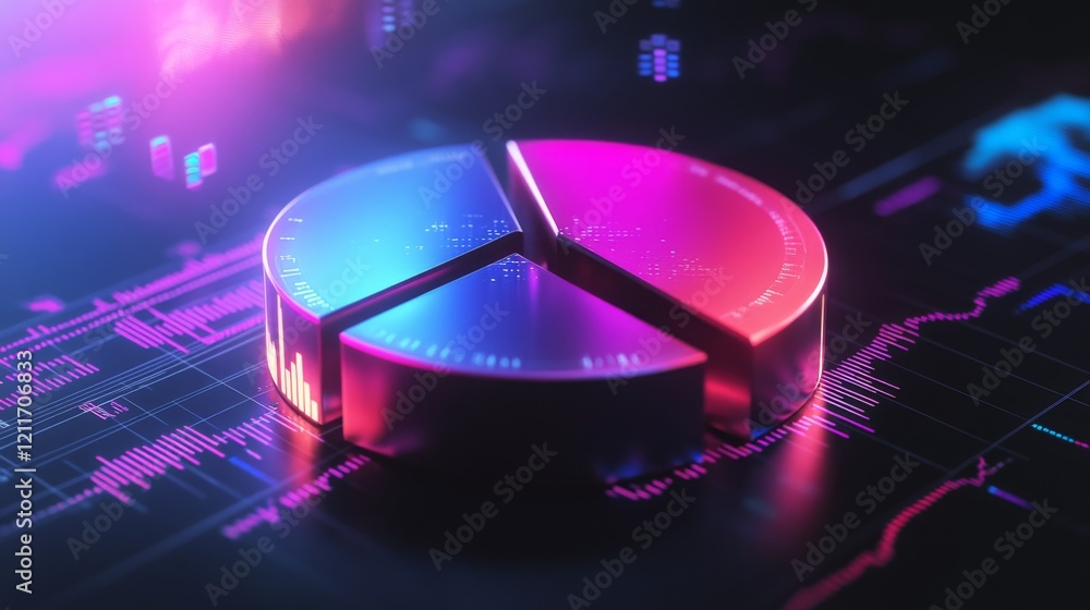 Poster a futuristic d pie chart with metallic slices rotating in mid-air, glowing softly with data points f