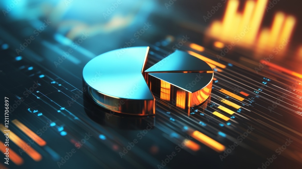 Poster a futuristic d pie chart with metallic slices rotating in mid-air, glowing softly with data points f