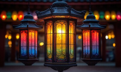 Three illuminated stained-glass lanterns hang.