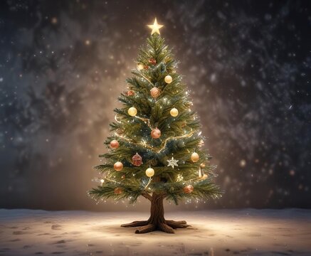 Festive tree with twinkling lights and snowflakes falling, Lichter, Eisblau, Winterzauber