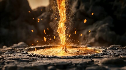 Fiery vortex erupts from crater, volcanic landscape, power, energy, fantasy