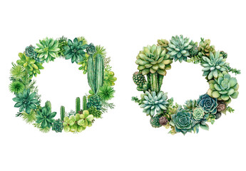 Watercolor wreath with green succulents and cacti. Simple design on white background