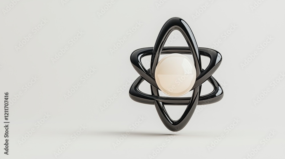 Aufkleber abstract atom model: 3d render of glossy black orbital structure and off-white nucleus