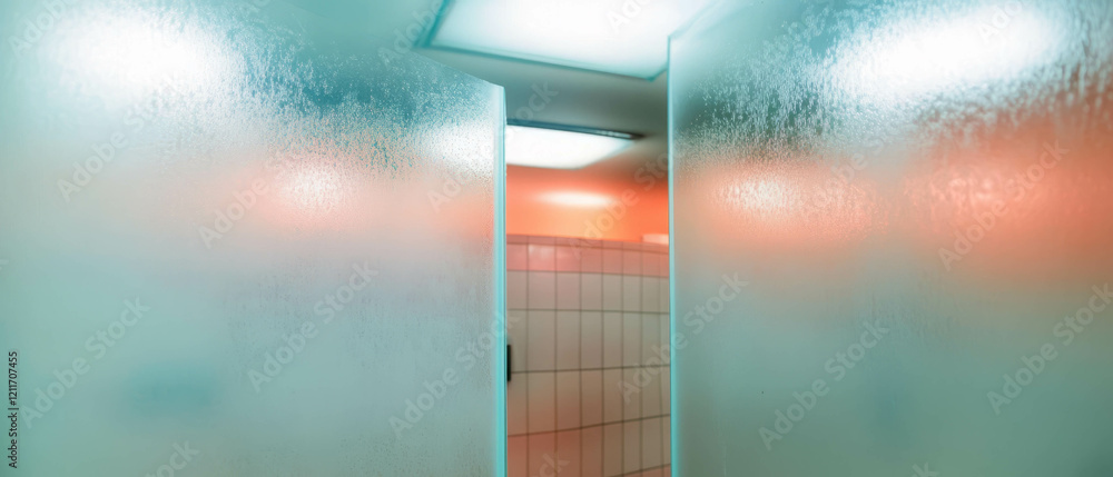 Poster exploring the ambiance of a space with frosted glass panels and diffused lighting effects