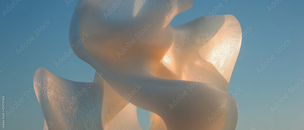 Poster frosted glass sculptures showcasing smooth curves and abstract forms under soft sunlight