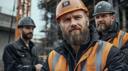 Fototapeta premium Two Skilled Engineers Diligently Inspecting the Ongoing Construction Work While Wearing Hard Hats and Ensuring Safety Standards Are Met at the Project Site