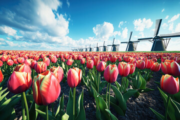 Vibrant tulip fields under windmills create a picturesque landscape in full bloom on a sunny day