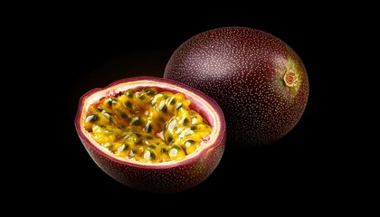 A whole and halved passion fruit on black background