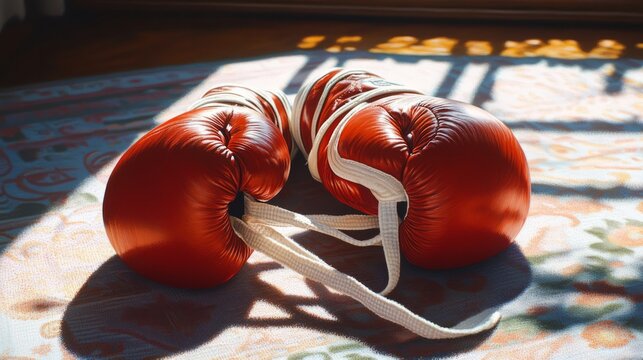 A close-up of red boxing gloves with white laces, resting on a gym mat with sunlight filtering in through a window 