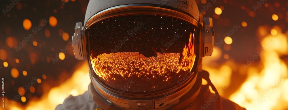 Wall mural Astronaut's helmet reflecting fiery inferno.