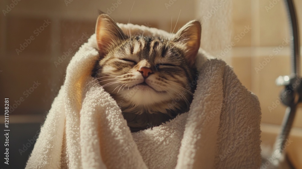 Poster a heartwarming image of a cat being lovingly dried off with a soft towel after a bath, showcasing th