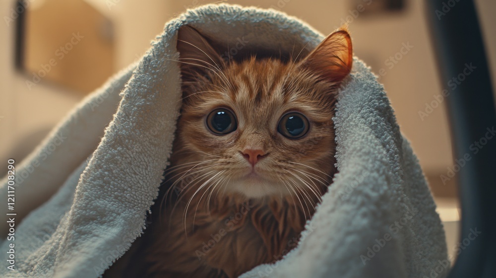 Poster a heartwarming image of a cat being lovingly dried off with a soft towel after a bath, showcasing th