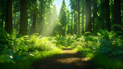 Obraz premium Lush Green Forest Path Illuminated by Soft Sunlight Rays