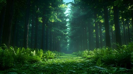 Obraz premium Lush Green Forest Path with Sunlight Streaming Through Trees