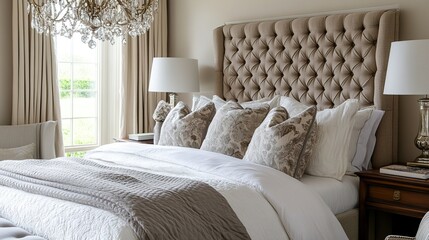 Obraz premium Luxurious bedroom interior with upholstered headboard, plush bedding, and elegant decor.