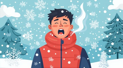 Freezing Winter Day: A Boy Breathes Out in the Snow