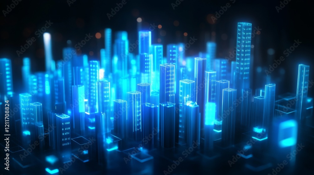 Aufkleber A high-tech D bar graph with glowing blue bars and digital numbers floating around them, symbolizing complex financial data and analysis.
