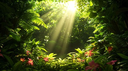 Obraz premium Sunlight Streaming Through Lush Green Jungle with Colorful Flowers
