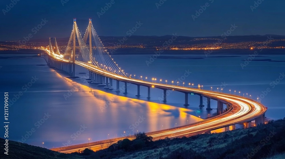 Fototapete a long exposure shot of a bridge at night, with light trails from passing vehicles creating a stunni