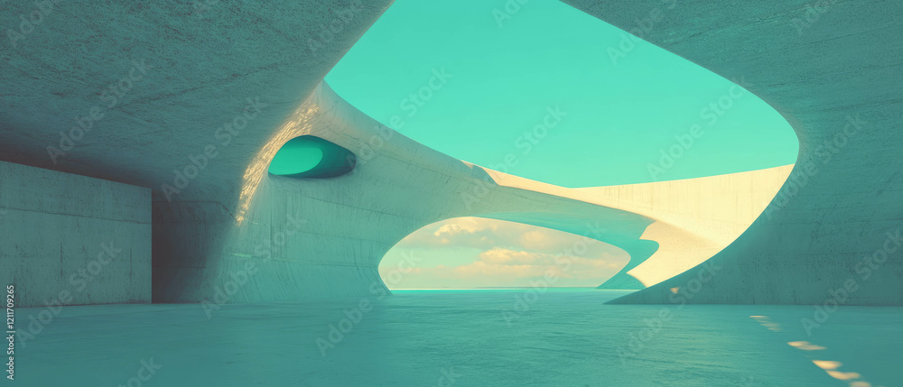 Poster Innovative design with smooth curves in futuristic architecture creating a serene environment