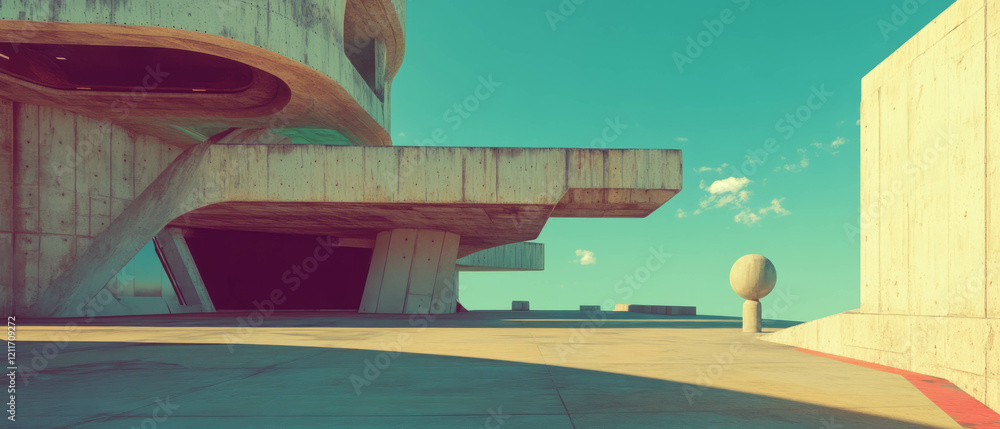 Aufkleber Exploring futuristic architecture with smooth surfaces and geometric shapes in a serene landscape