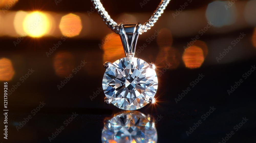 Poster a macro shot of a diamond pendant catching light, with reflections dancing around it, creating a cap
