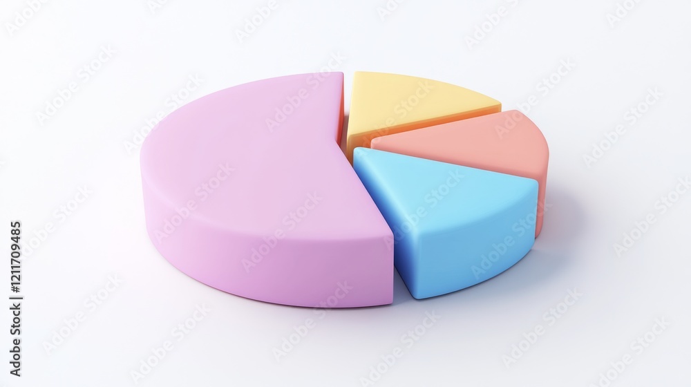 Poster a minimalist d pie chart with pastel-colored slices, smoothly separated to reveal individual section