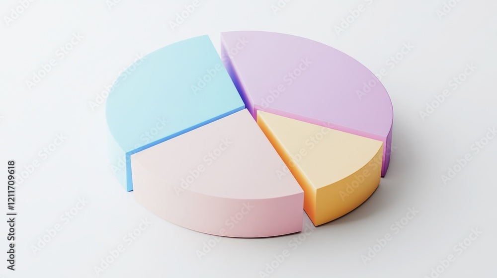 Poster a minimalist d pie chart with pastel-colored slices, smoothly separated to reveal individual section