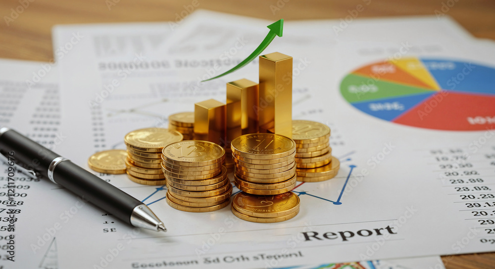 Poster financial chart model with arrow in background of annual business report . generative ai