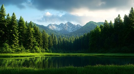 Serene Mountain Landscape with Lush Forest and Calm Waters