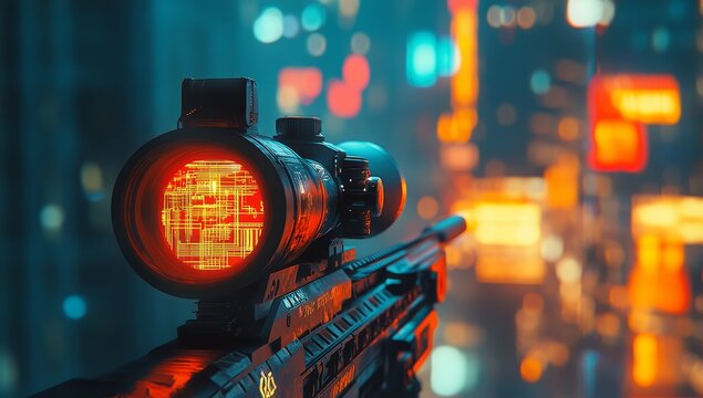 Close-up of sniper rifle scope with futuristic city backdrop.