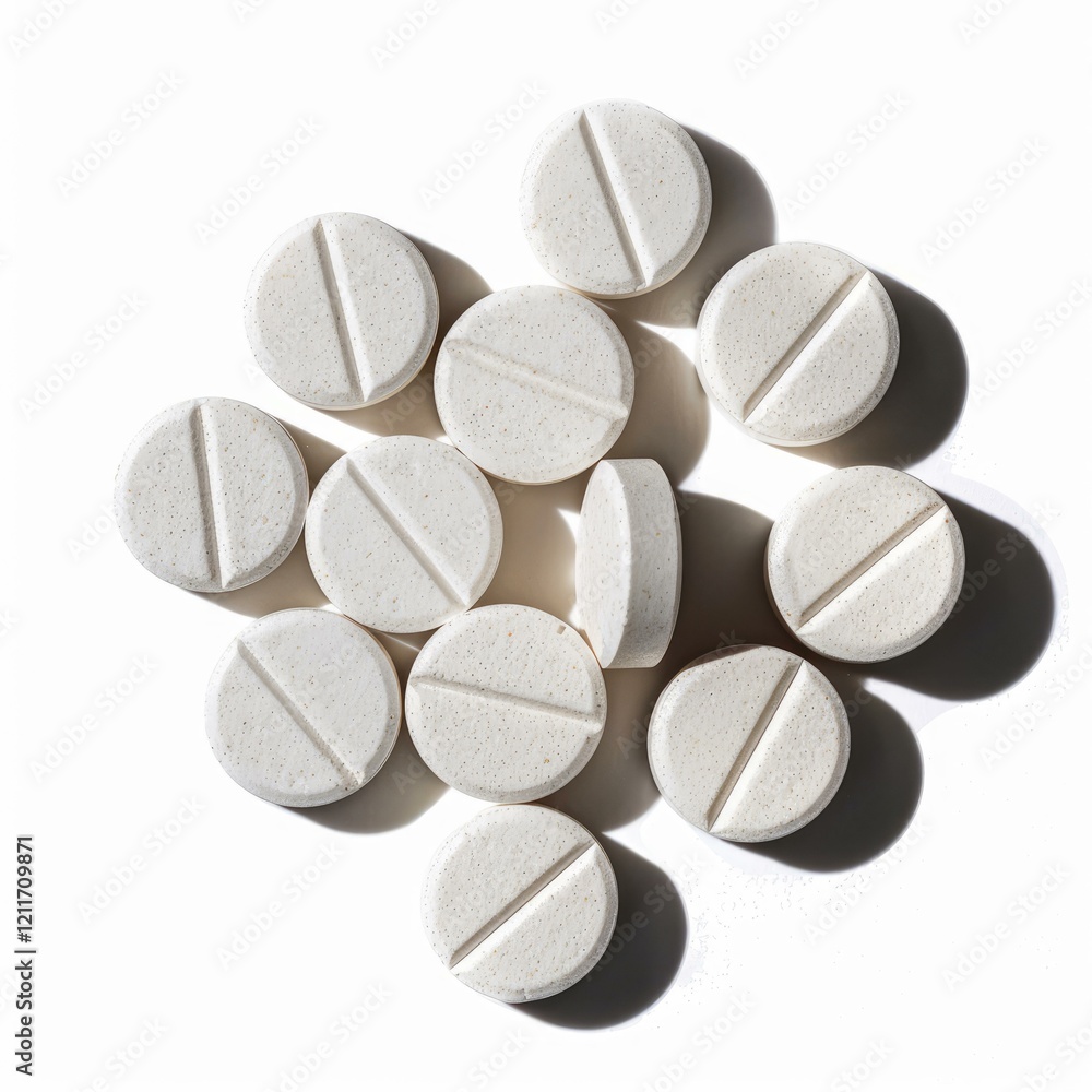 Poster several white round pills with a dividing line are arranged on a white background, casting distinct 