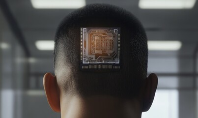 Futuristic vision of human integration with technology: microchip embedded in head