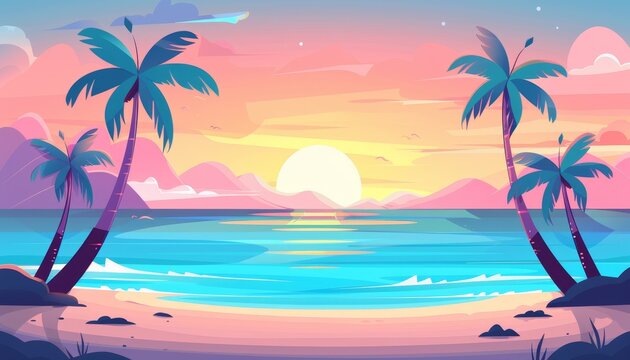 A vibrant sunset over a tropical beach with palm trees and a calm sea.