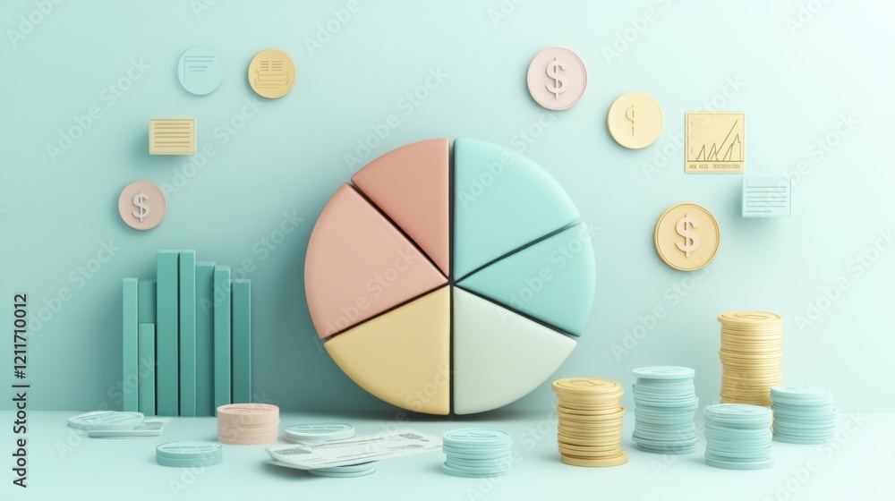 Poster a minimalist financial pie chart with pastel-colored slices, displaying income distribution, with fi