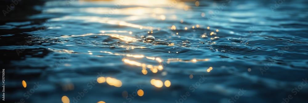 Poster close-up of water surface with sunlight reflecting, creating ripples and bokeh effect.