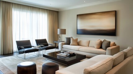 A minimalist living room design featuring a neutral color palette, sleek furniture, and a striking piece of artwork on the wall, creating a serene and stylish space.