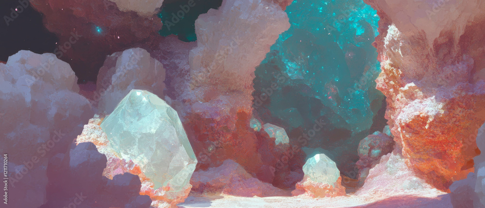 Poster textures of geodes showcase crystalline interiors and rough exteriors in a vibrant setting