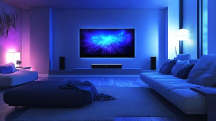 A modern home theater setup featuring a large soundbar and subwoofer, positioned in a cozy living room with soft lighting, emphasizing a cinematic experience