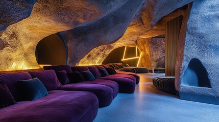 Luxurious cave spa with purple velvet loungers and warm lighting.